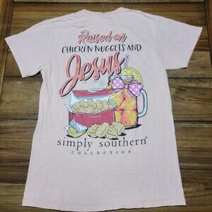 Simply Southern Pink Tee "Raised on Chicken Nuggets And Jesus" - Size Small